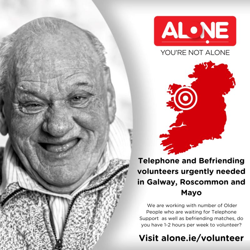 Photo of special needs older man with text: ALONE seeks befriending volunteers
