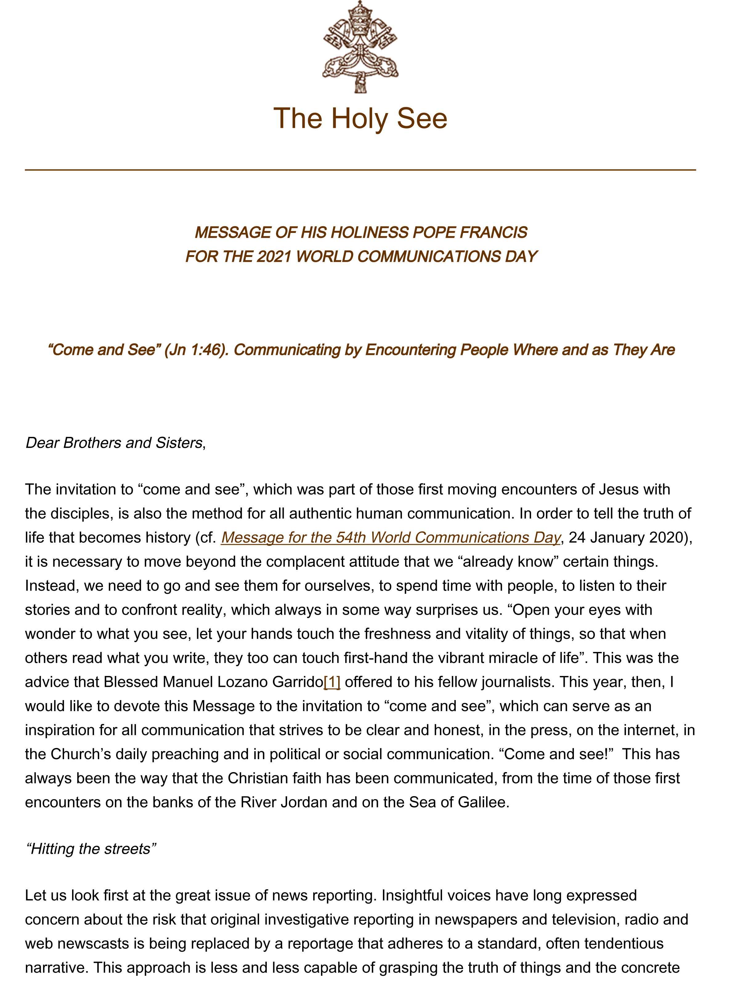 Pope Francis' message for World Communications Day